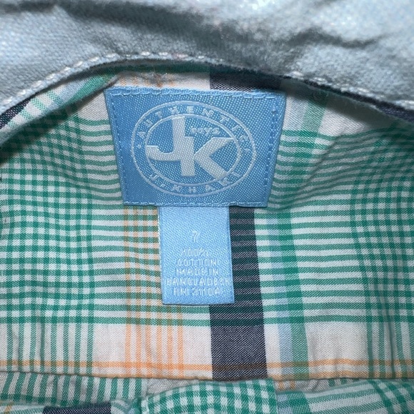 JK boys size 7 modern plaid button up shirt. colors:  turquoise, orange & navy - Picture 4 of 6